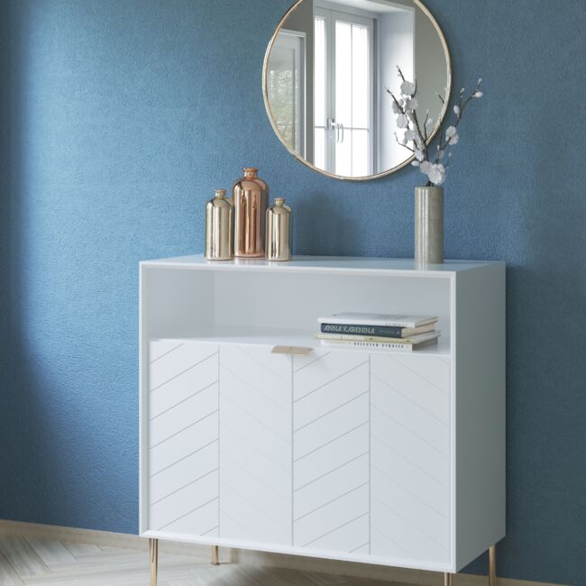 Chevron-patterned Adele Cabinet in Ice White and Brass